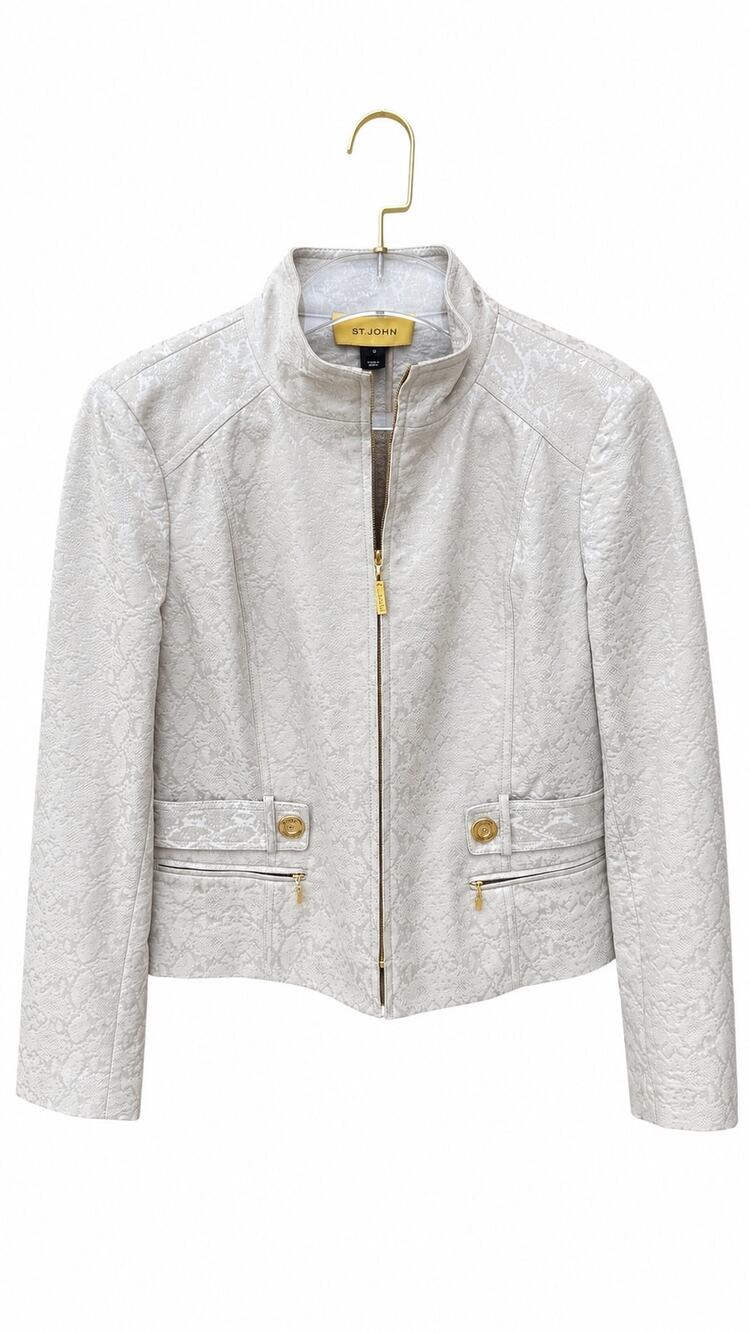 St. John Ivory Textured Jacquard Zip Jacket Size 4 Gold Hardware
